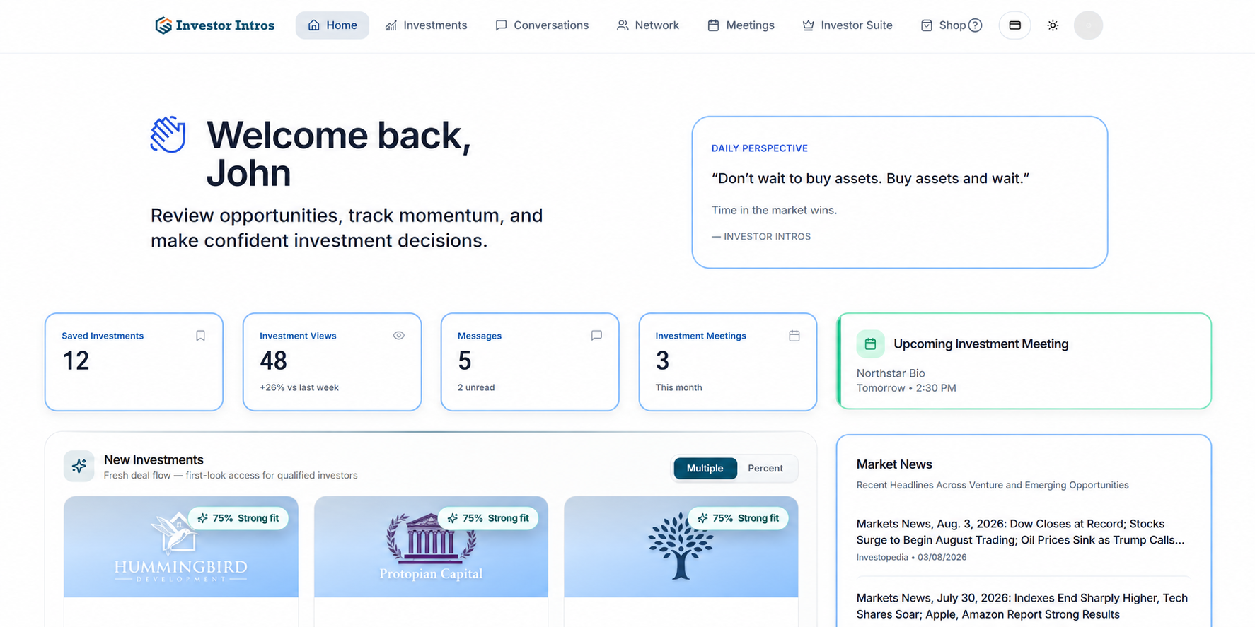 Investor Intros platform dashboard