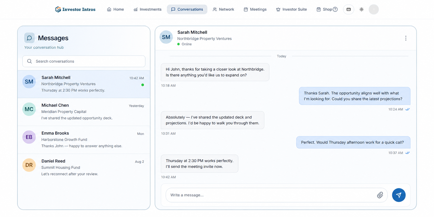 Conversations inside the Investor Intros platform